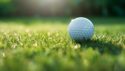 Obraz premium A golf ball lying on a lawn field, a golf banner.