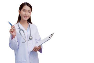 A female doctor wearing a medical gown stands and smiles on a transparent background or png background.