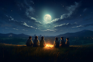 A group of friends gathered under a meteor shower - obrazy, fototapety, plakaty