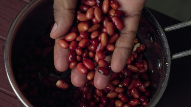 Closeup of soaked kidney beans ,Rajma or Phaseolus vulgaris beans in pan