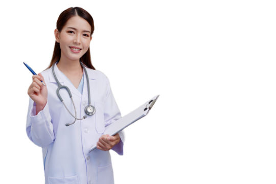 A female doctor wearing a medical gown stands and smiles on a transparent background or png background.