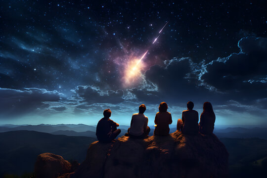 A group of friends gathered under a meteor shower - Powered by Adobe