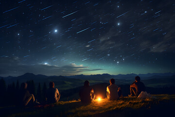 A group of friends gathered under a meteor shower