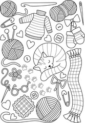 Warm and cozy doodle coloring book. Warm clothes, household items, needlework. Black and white vector zentangle illustration.