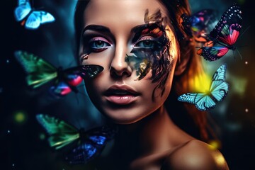 Naklejka premium Sensual woman with body art and colored butterflies. Generative AI