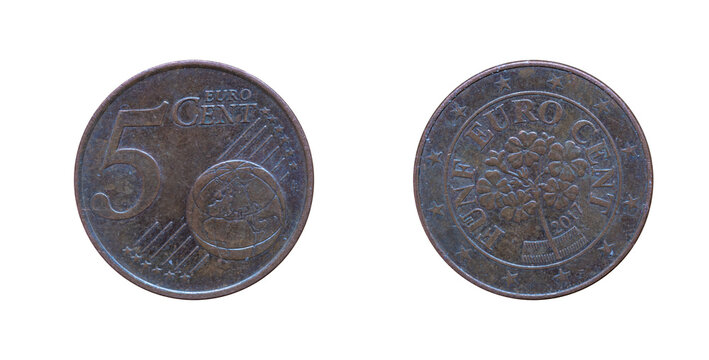 5 euro cents coin from Austria 2017 with flowers, obverse and reverse macro shot.