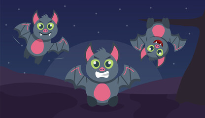 cute bat background. halloween party decorations, cartoon baby funny childish flying halloween scary bat in forest. vector cartoon animal character.