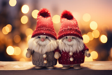 Winter holiday christmas background banner - Closeup of two cute funny laughing snowmen couple with wool hat and scarf, on snowy snow snowscape with bokeh lights - obrazy, fototapety, plakaty