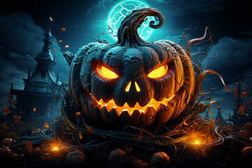 Haunted Halloween, Illuminated Pumpkin in the Digital Night