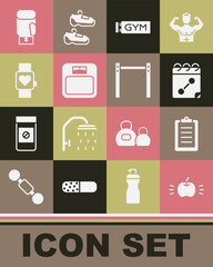 Set Apple, Sport training program, Calendar fitness, Location gym, Bathroom scales, Smart watch, Boxing glove and Horizontal bar icon. Vector