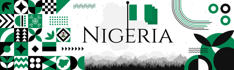 The Nigeria Independence Day abstract banner design with flag and map. Flag color theme geometric pattern retro modern Illustration design. Green color template.