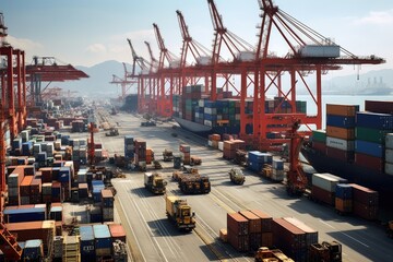 Vibrant and busy cargo port with ships, cranes, and containers