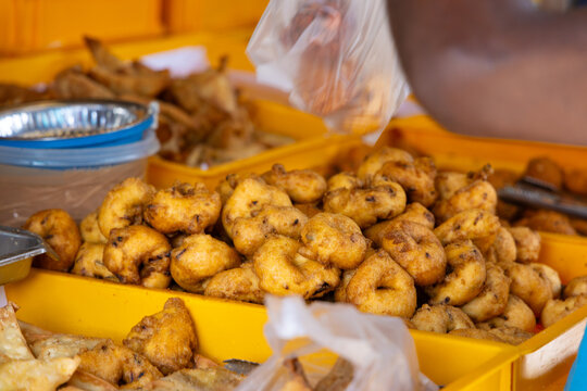 Delicious fried snacks at a street food stall in Asia