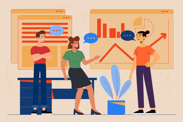 Vector business communication hand drawn, flat illustration of discussing business strategy, Vector group discussion, group brainstorming on data and information analysis for strategy