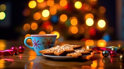 Obraz na płótnie Canvas cup of coffee and cookies on a wooden table in front of the Christmas tree. Christmas Greeting Card. Christmas Postcard.
