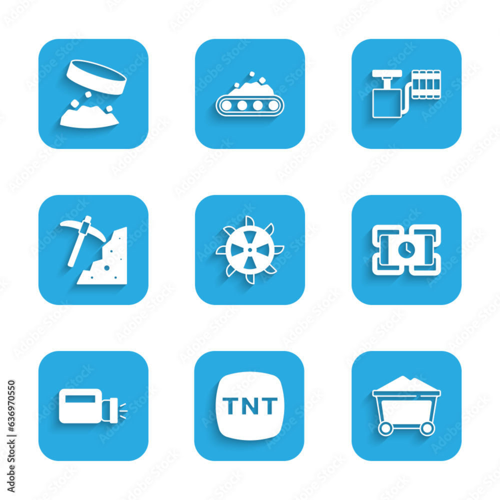 Poster Set Bucket wheel excavator, Dynamite, Mine coal trolley, Flashlight, Pickaxe, Handle detonator and Giant magnet holding iron dust icon. Vector