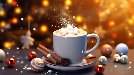 Cup of hot chocolate with marshmallow and christmas decoration on bokeh background. Christmas Greeting Card. Christmas Postcard.