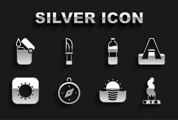 Set Compass, Tourist tent, Campfire, Sunrise, Bottle of water, Lighter and Knife icon. Vector
