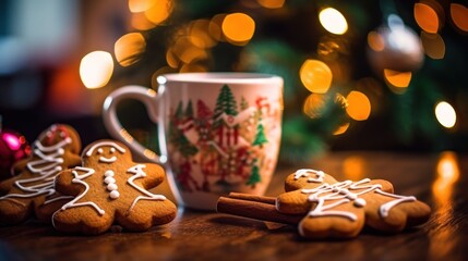 Cup of coffee and gingerbread cookies with christmas tree on background. Christmas Greeting Card....