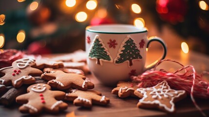 Christmas gingerbread cookies and cup of tea on wooden table with bokeh lights. Christmas Greeting Card. Christmas Postcard.