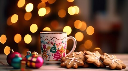Cup of hot drink with christmas cookies on bokeh background. Christmas Greeting Card. Christmas Postcard.