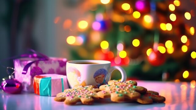 Cup of tea with cookies and gift box on background of Christmas tree. Christmas Greeting Card. Christmas Postcard.
