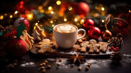 Obraz na płótnie Canvas Cappuccino with christmas cookies and decorations on wooden background. Christmas Greeting Card. Christmas Postcard.