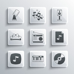 Set Music synthesizer, Vinyl disk, MP3 file document, Radio, note, tone, Tambourine, Microphone and Stereo speaker icon. Vector