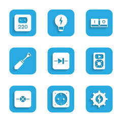 Set Diode in electronic circuit, Electrical outlet, Gear and lightning, Music player, Lamp, Screwdriver, switch and icon. Vector