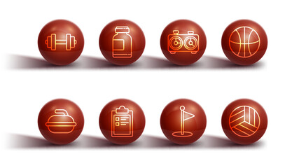 Set line Dumbbell, Stone for curling sport game, Basketball ball, Golf flag, Sport training program, Sports nutrition, Volleyball and Time chess clock icon. Vector