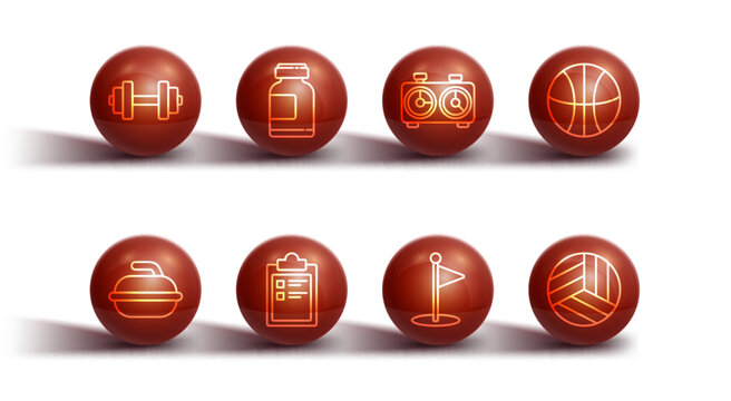 Set line Dumbbell, Stone for curling sport game, Basketball ball, Golf flag, Sport training program, Sports nutrition, Volleyball and Time chess clock icon. Vector