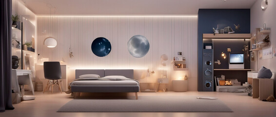Creative bright design of a children's room in a fantastic space style. Beautiful and cozy living room for a child.