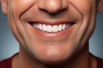 Fototapeta premium Smiling middle aged Caucasian man with perfectly white even teeth. Smiling mouth close up. Tooth whitening concept.