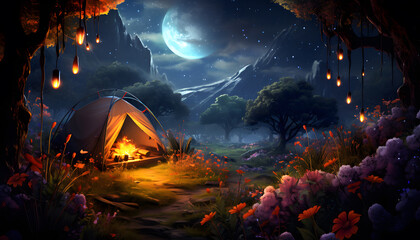 campfire tent night scene among a fantasy forest - obrazy, fototapety, plakaty