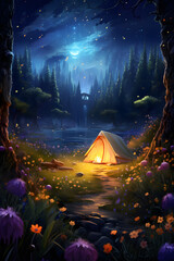 campfire tent night scene among a fantasy forest - obrazy, fototapety, plakaty