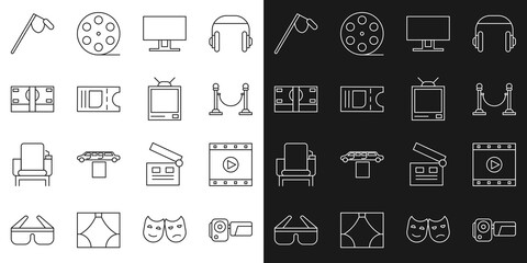 Set line Cinema camera, Play Video, Rope barrier, Smart Tv, ticket, Stacks paper money cash, Microphone and Retro tv icon. Vector