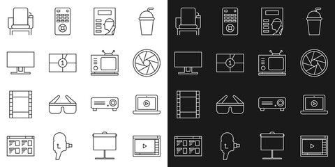 Set line Online play video, Camera shutter, Cinema poster, Old film movie countdown frame, Smart Tv, chair and Retro tv icon. Vector