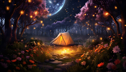 campfire tent night scene among a fantasy forest