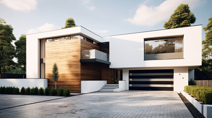 Fototapeta na wymiar Exterior view of modern, white house with garage decorated with wood