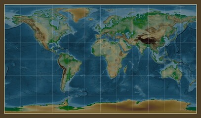 World map. Physical. Patterson Cylindrical projection. Meridian: 0