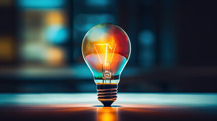 colorful electric glowing light bulb glowing with rainbow colors, orange, bold and vibrant, business concept