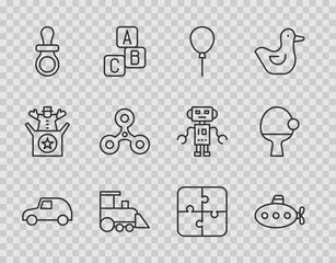 Set line Toy car, Submarine toy, Balloons with ribbon, train, Baby dummy pacifier, Fidget spinner, Puzzle pieces and Racket and ball icon. Vector
