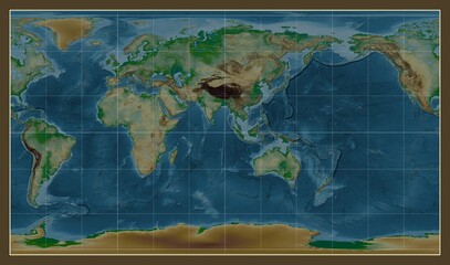 World map. Physical. Patterson Cylindrical projection. Meridian: 90 east
