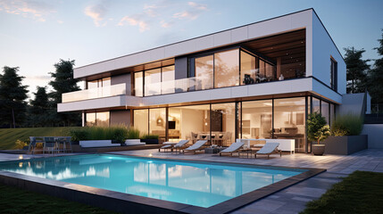 Fototapeta premium Modern house with terrace and a swimming pool.