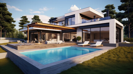 Fototapeta na wymiar Modern house with terrace and a swimming pool.