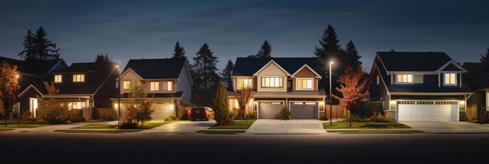 Urban or suburban neighborhood at night, houses with lights, late evening or midnight. homes with garages,trees and driveway. Suburb village landscape with cottage buildings, street lamps