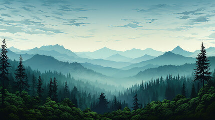 Landscape forest mountains nature adventure travel background panorama - Illustration of dark green silhouette of valley view of forest fir trees and mountains peak. - obrazy, fototapety, plakaty