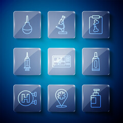 Set line Hospital signboard, Location with cross hospital, Hand sanitizer bottle, X-ray shots, Monitor cardiogram, Syringe, Enema and Ointment cream tube medicine icon. Vector