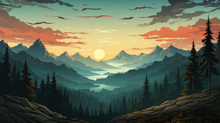 Landscape forest mountains nature adventure travel background panorama - Illustration of dark green silhouette of valley view of forest fir trees and mountains peak.