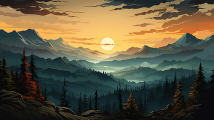 Landscape forest mountains nature adventure travel background panorama - Illustration of dark green silhouette of valley view of forest fir trees and mountains peak.